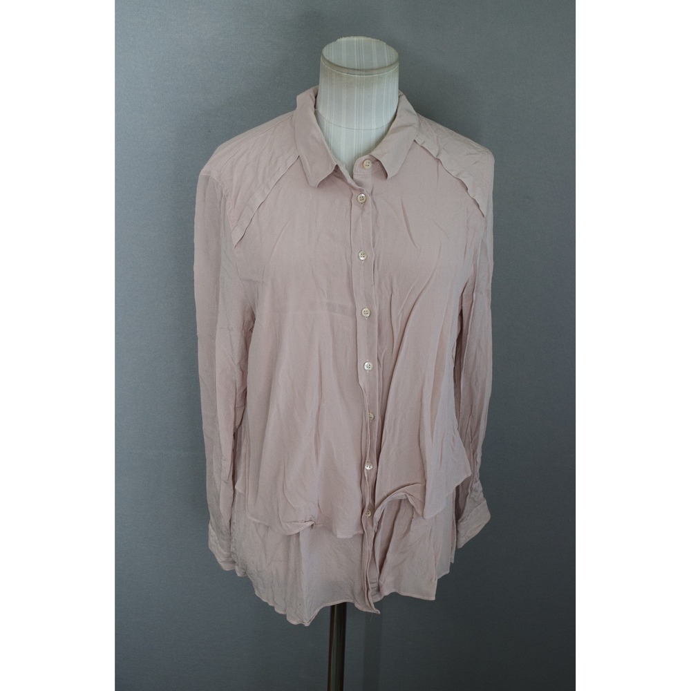 Poetry Silk Button Down Shirt 12 Blush Pink Layered Tiered Blouse Women Classic